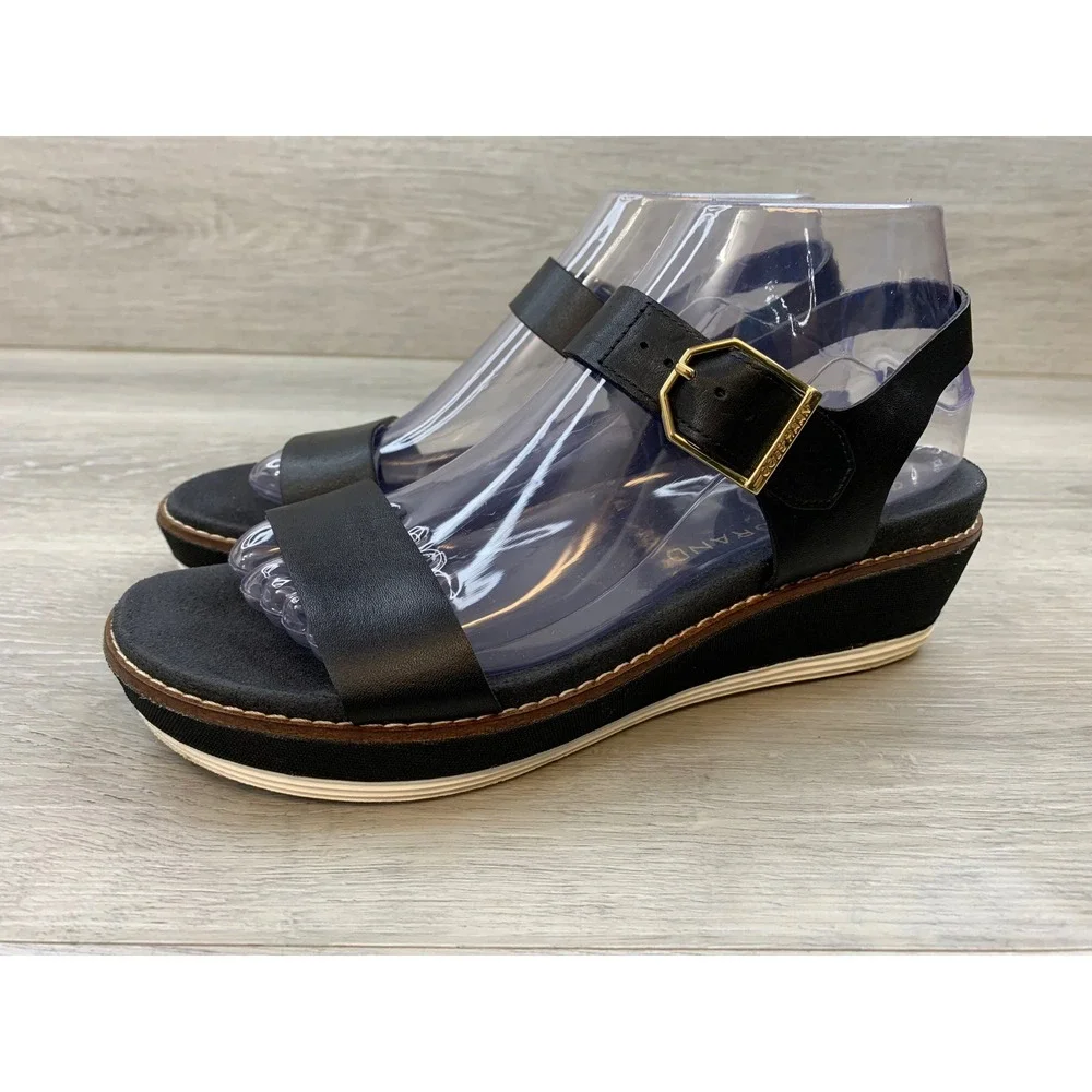 Cole Haan OriginalGrand Women's Sandals Black Leather Platform Wedge 7 Shoes